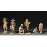 Five Japanese ivory okimono, Meiji/early Taîsho period, H 15,7 cm - 15,5 cm - H 14,4 cm - H 6,1 cm -
