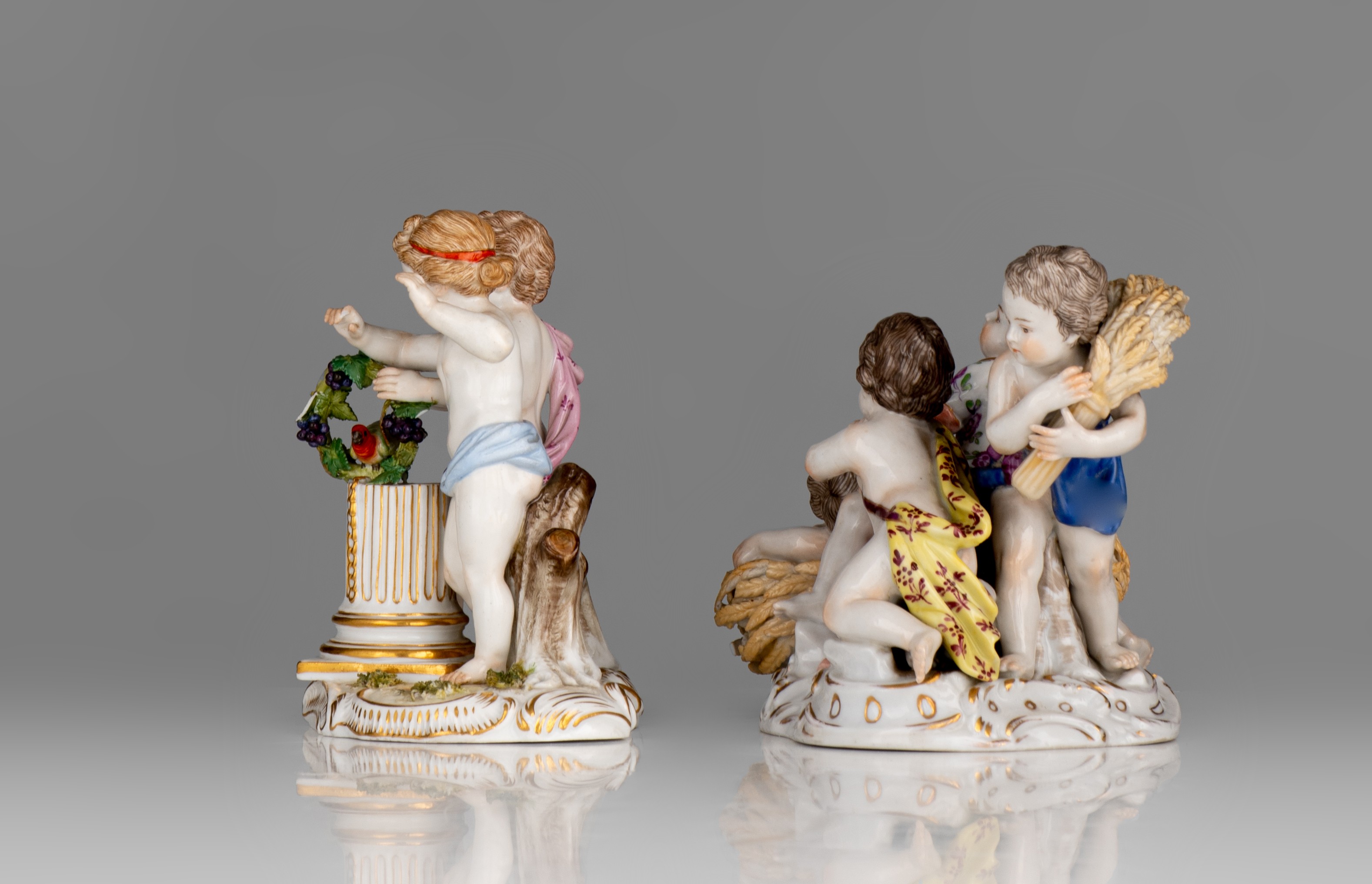 Two fine polychrome Saxony groups, marked Meissen and Rudolfstadt, 19thC, H 12 cm - Image 3 of 8