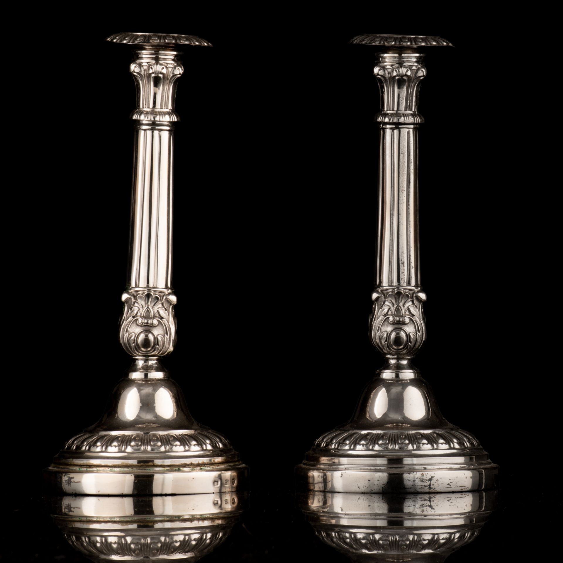 A pair of Neoclassical Belgian silver candlesticks, 1838-1868, 800/000, H 28 cm - weight: 780 g - Bild 3 aus 8