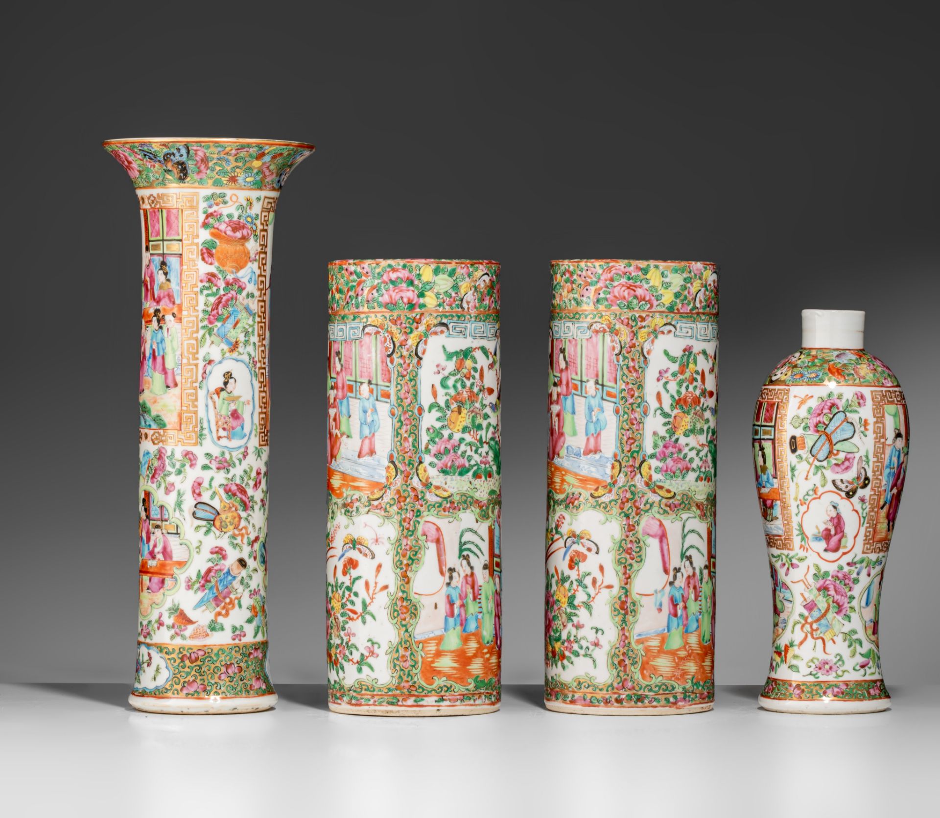 Four Chinese Canton famille rose garniture vases, 19thC, tallest H 39 cm - Bild 3 aus 7