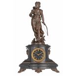 A Napoleon III marble mantle clock, with a patinated bronze Diana on top, signed Bouret, H 60 cm