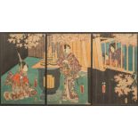 Triptych of Japanese woodblock prints, signed by Toyokuni, depicting a scene from the kabuki theatre