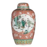 A Chinese floral decorated famille verte lidded jar, 19thC, H 45 cm