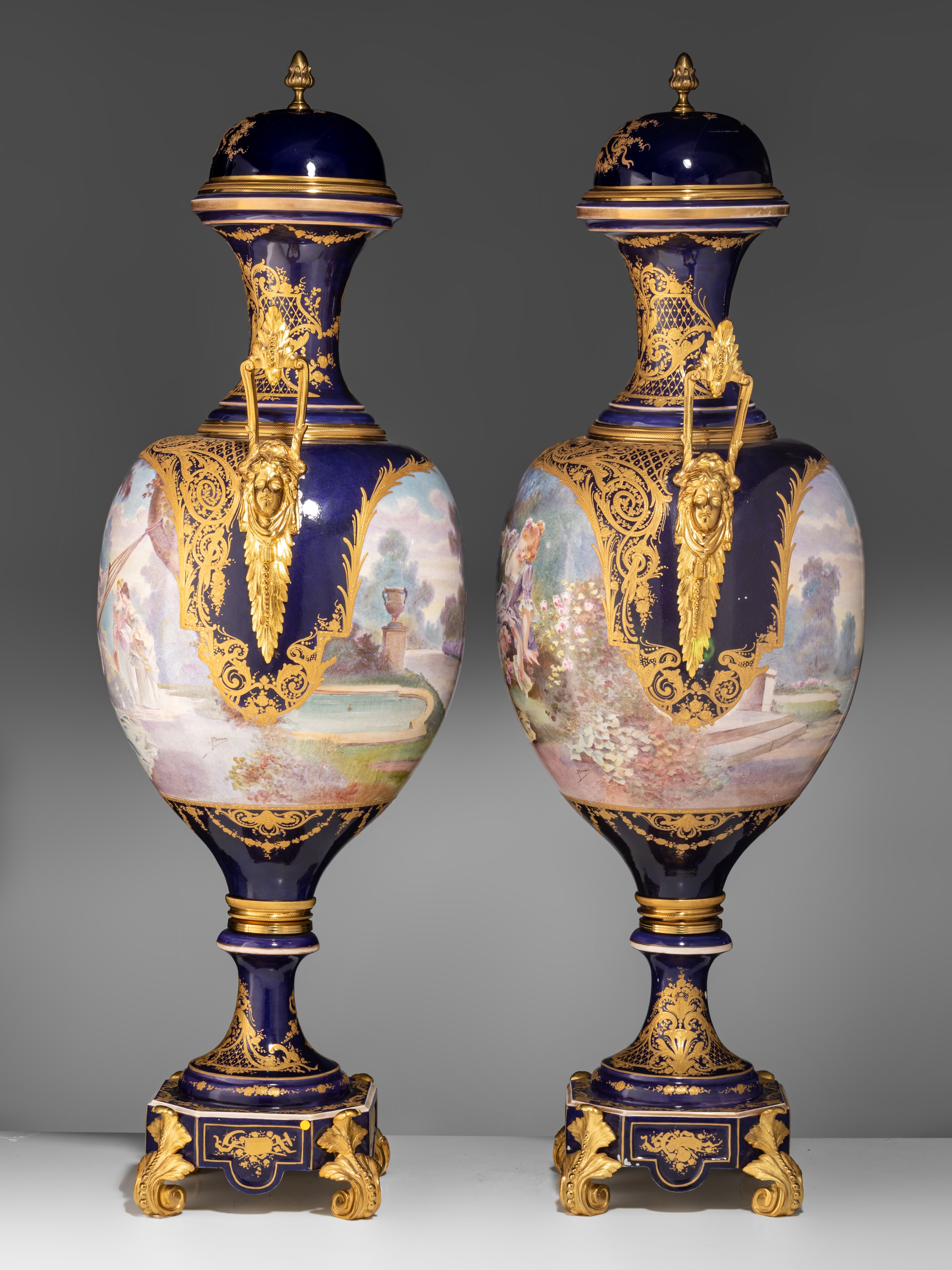 An imposing pair of Sèvres vases, with gallant scenes and gilt bronze mounts, H 97 cm - Image 3 of 13