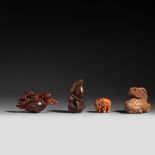 Two netsuke, an ojime and an okimono, 20thC, H 2,2 cm - H 3,9 cm - H 5,2 cm - H 3,3 cm