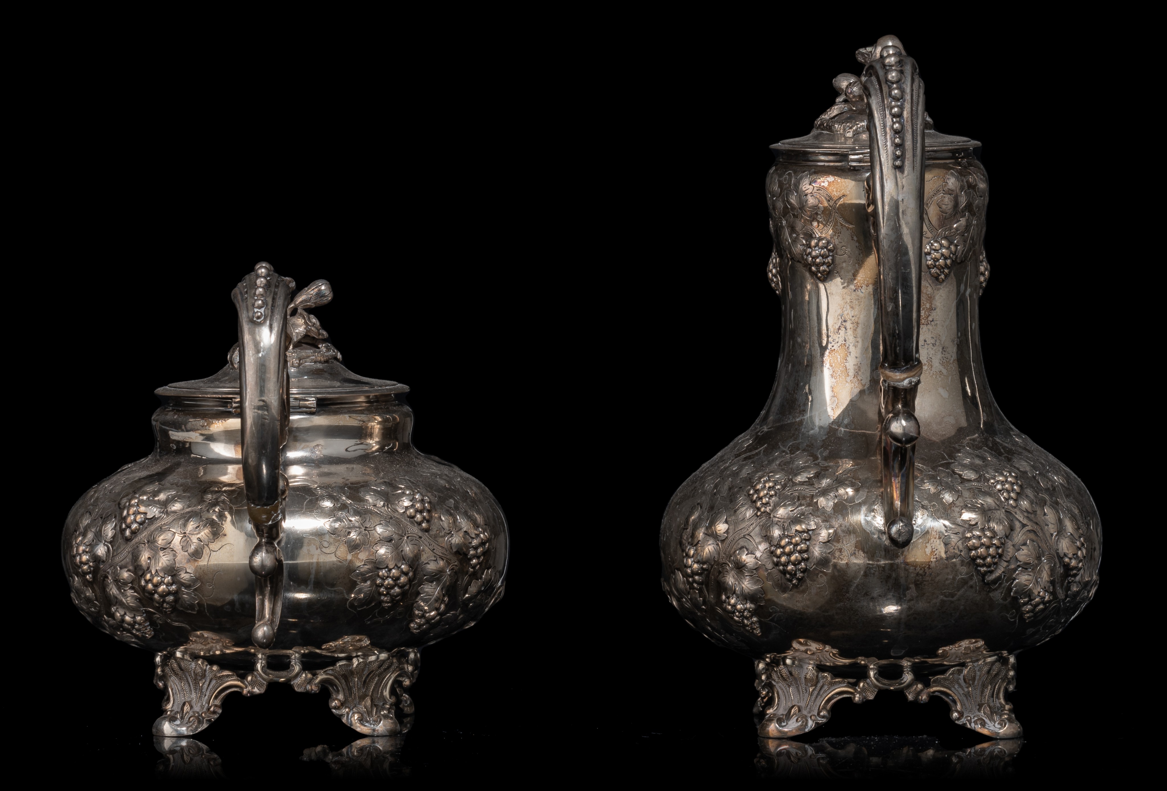 An eclectic four-part silver coffee and tea set, on a silver-plated tray, H 10,5 - 24,5 cm, 2148 g - Image 5 of 22