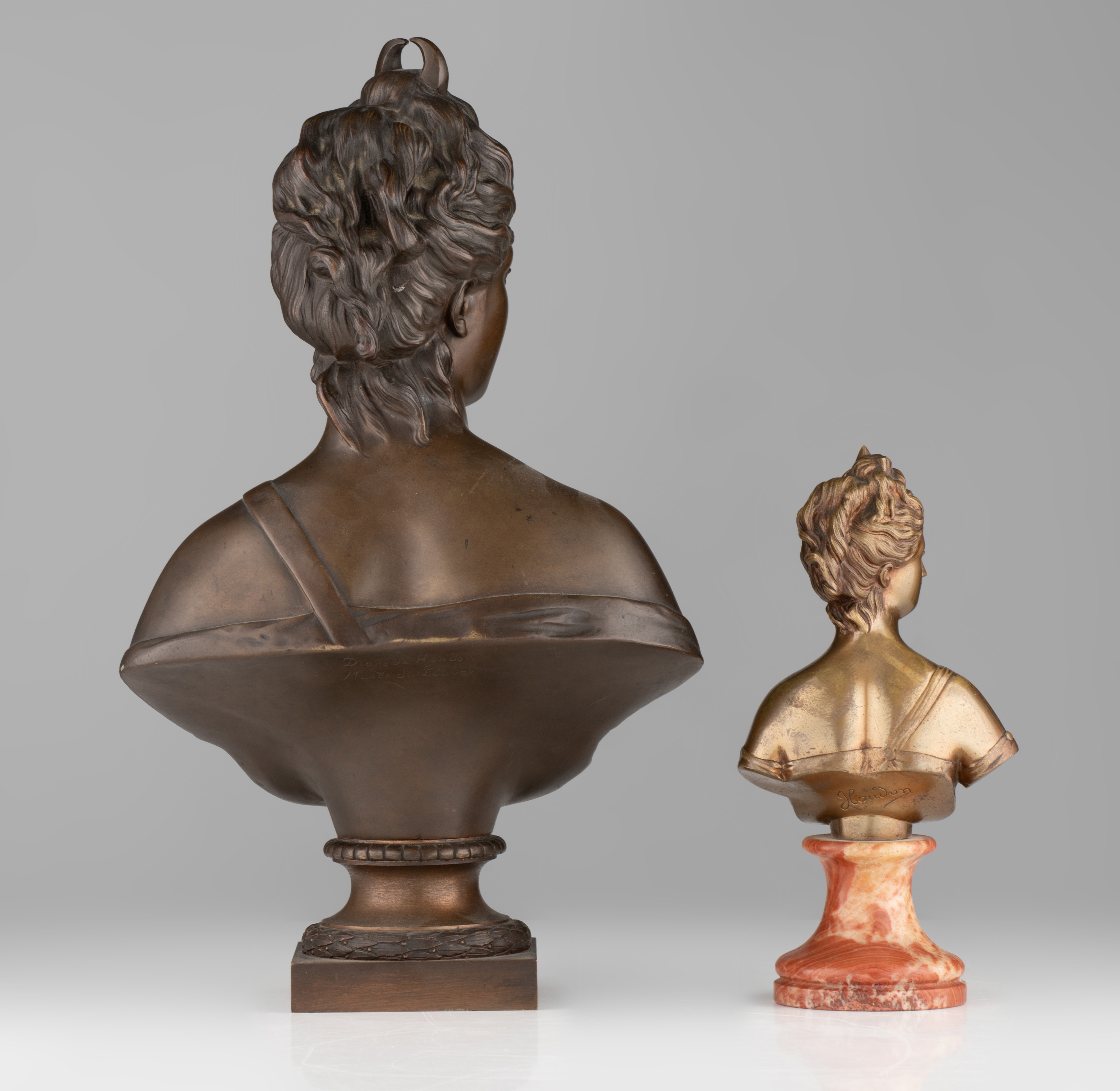 A larger and a smaller bronze bust of Diana, both after Houdon, H 27 - 47 cm - Image 5 of 7