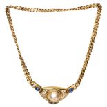 An 18ct yellow gold necklace, set with a mabe pearl, diamonds and blue sapphires, 65 g