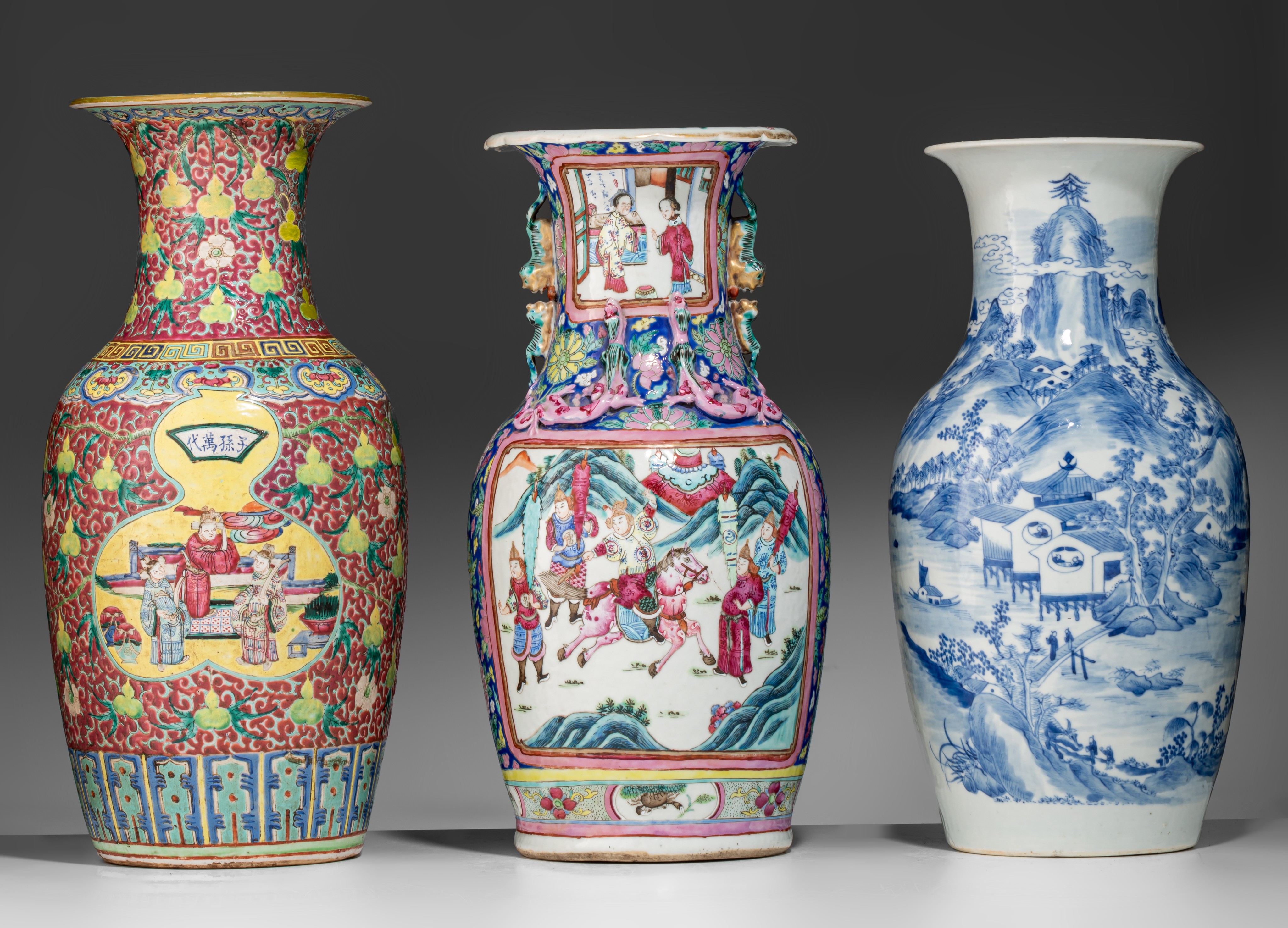 A Chinese blue and white vase and two famille rose vases, 19thC, tallest H 46 cm - Image 2 of 7