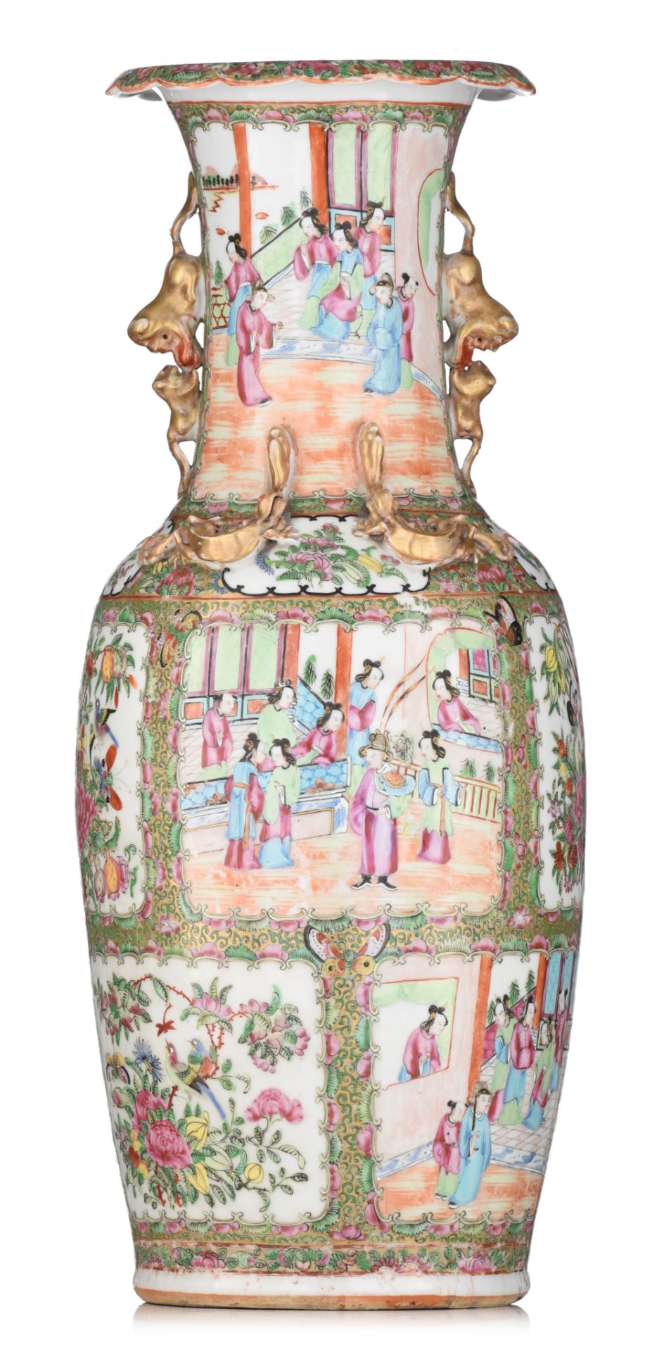 A Chinese Canton famille rose vase, paired with Fu-lion handles, 19thC, H 61,5 cm