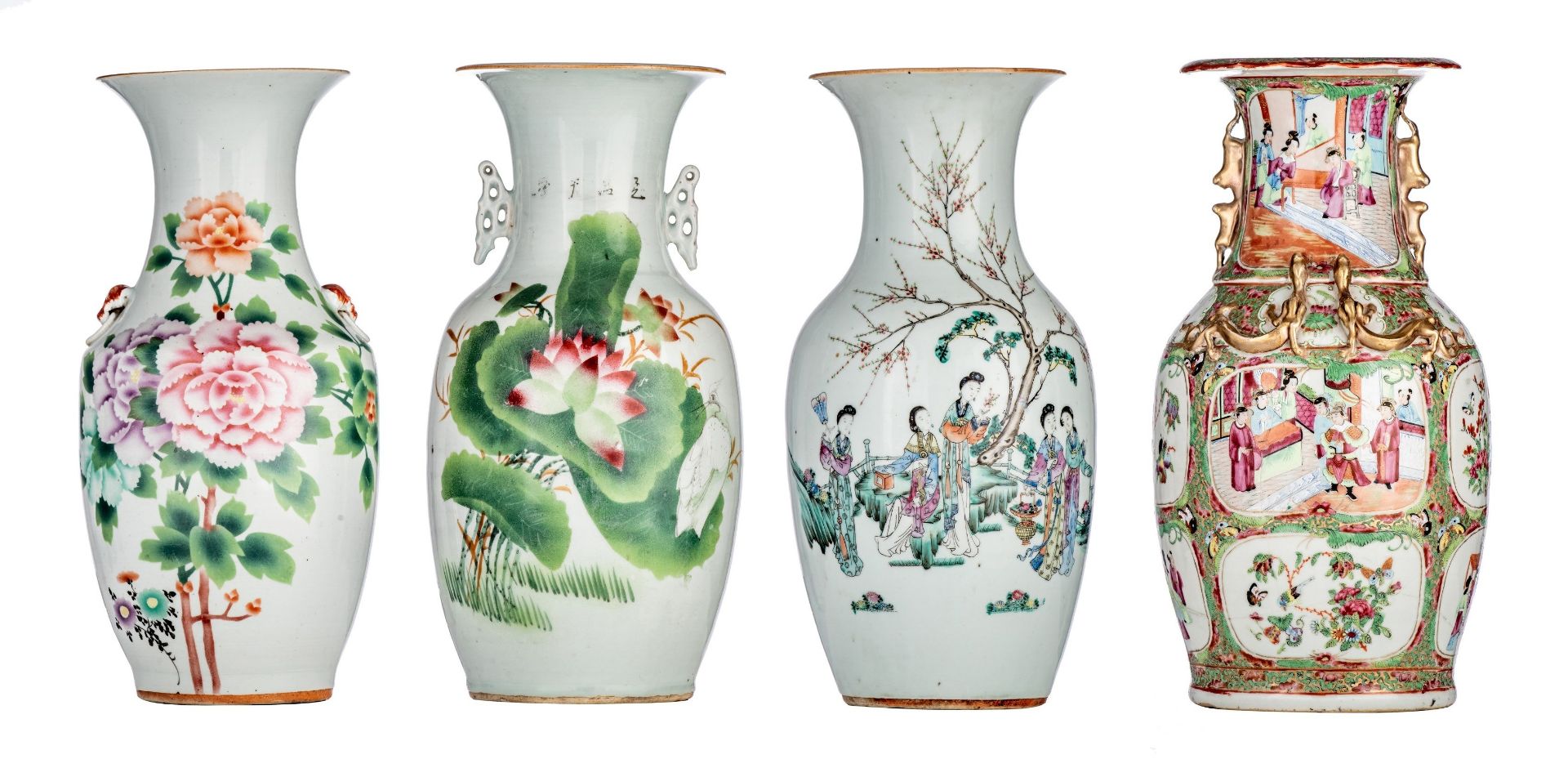 Four Chinese famille rose vases, some with a signed text, 19thC and Republic period, H 42,5 - 43,5 c