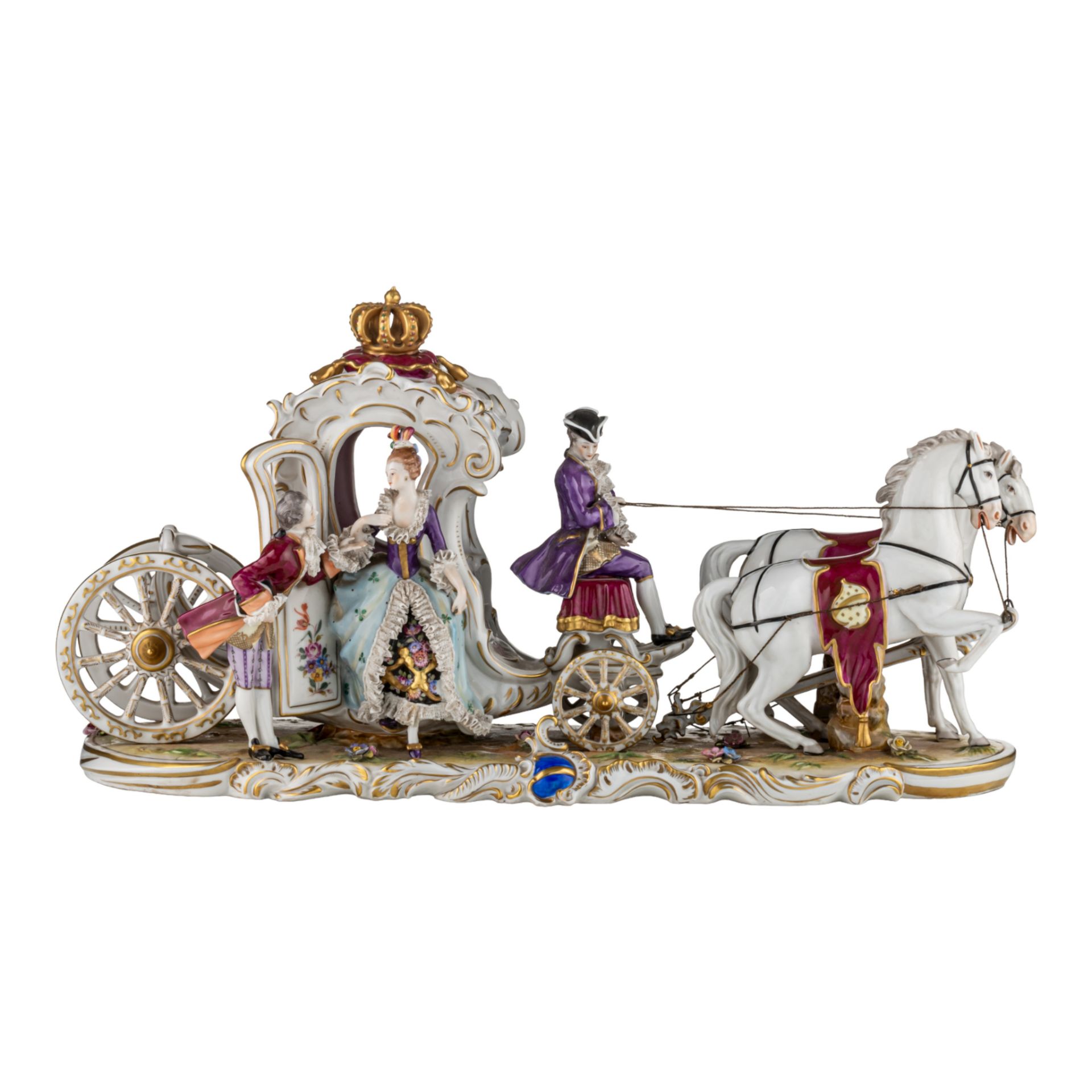 A Saxony porcelain group of a chariot in abundant Rococo style, H 29 - W 57 cm