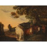 Landscape with shepherd and his cattle, 18thC, Dutch, oil on oak, 71 x 87 cm