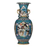 A Chinese cloisonné enamelled bronze vase, paired with dragon handles in gilt, with a Xuande mark, 2