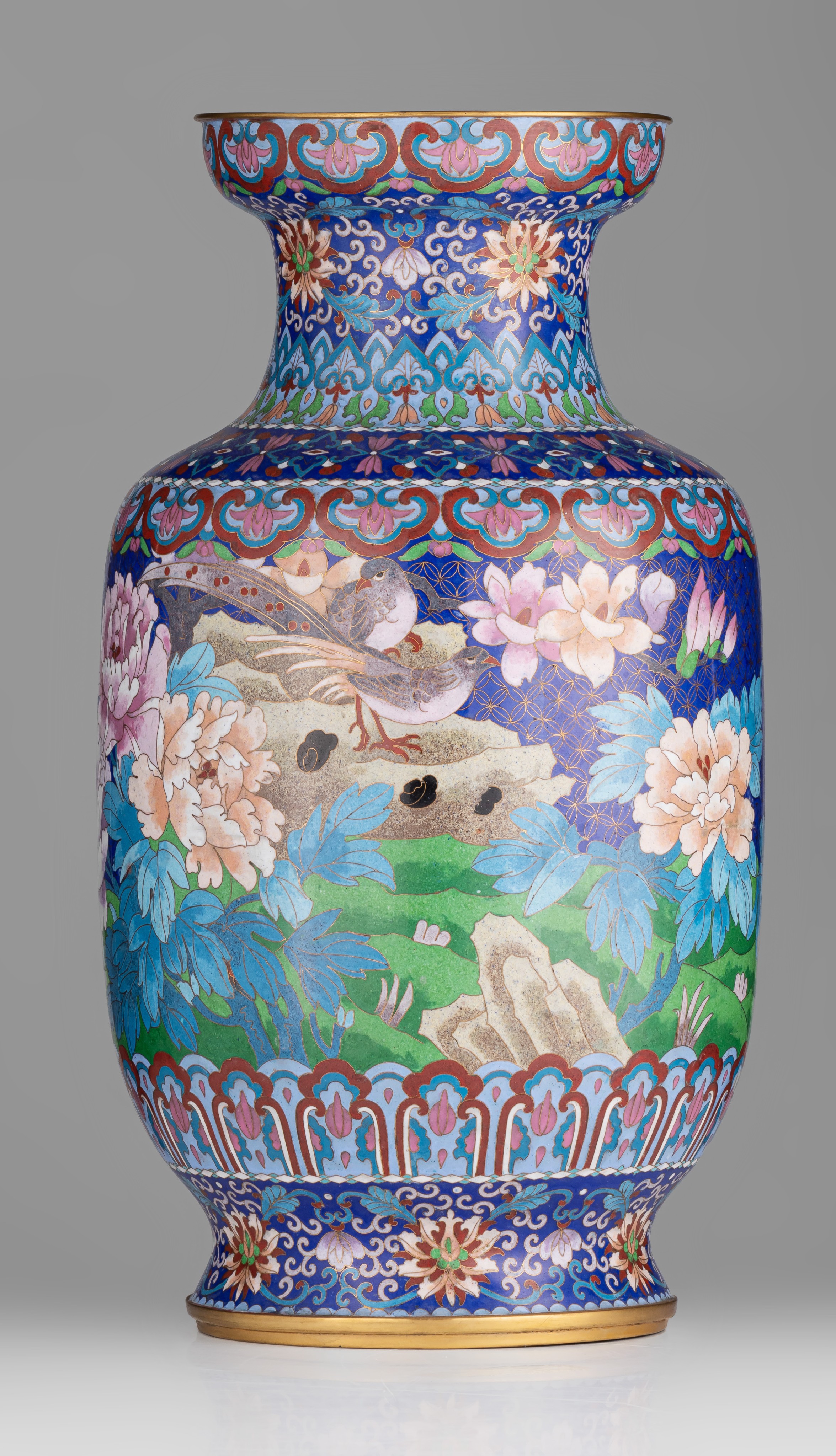 A pair of Chinese cloisonné enamelled 'Birds and peonies' bronze vases, 20thC, H 51,5 cm - Image 12 of 14