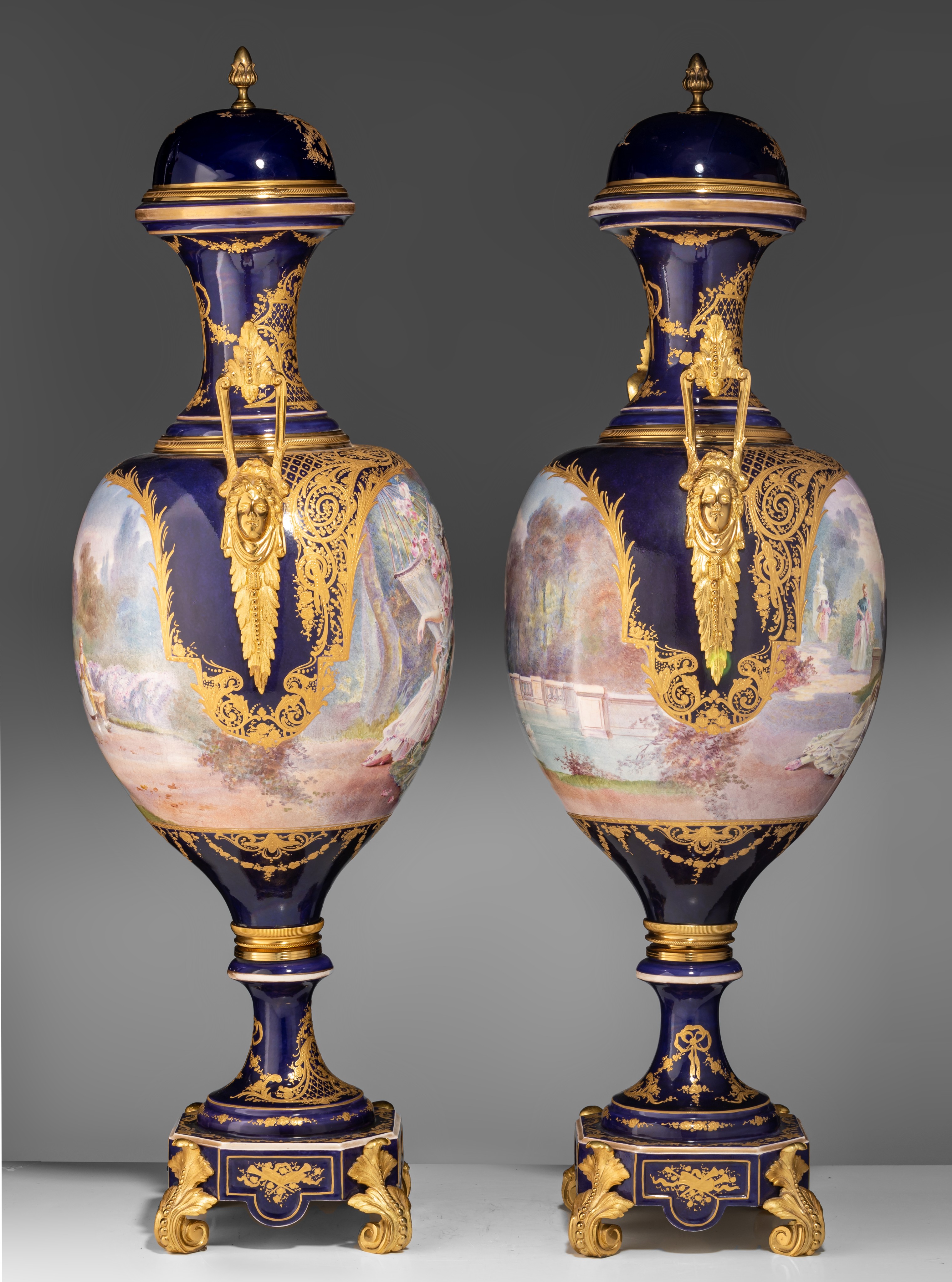 An imposing pair of Sèvres vases, with gallant scenes and gilt bronze mounts, H 97 cm - Image 5 of 13