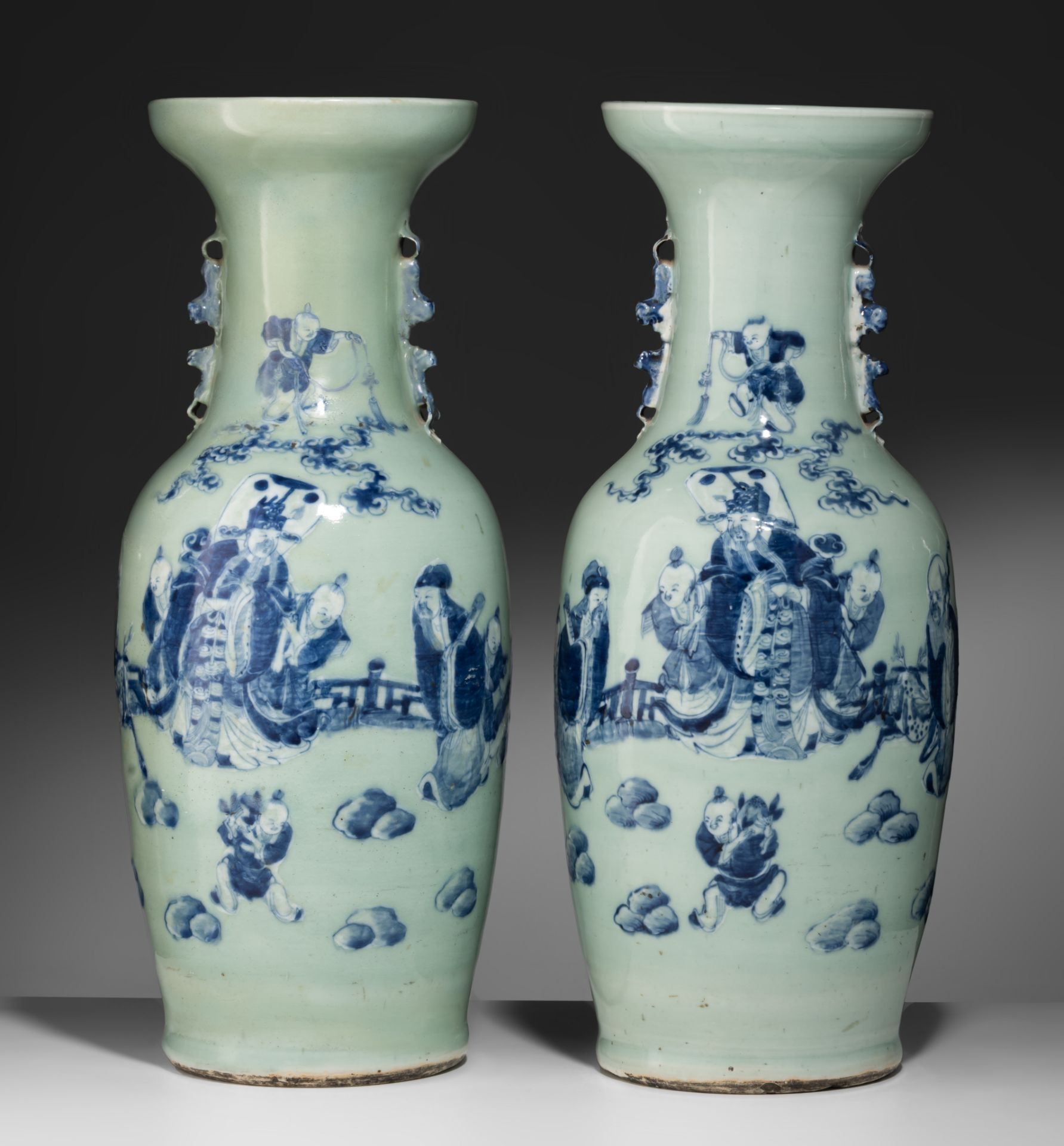 A pair of Chinese blue and white on celadon ground 'Immortals' vases, 19thC, H 58 cm - Bild 2 aus 7