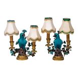 A pair of table lamps, brass-mounted porcelain parrots, marked Samson, late 19thC, H 26 - 28 cm