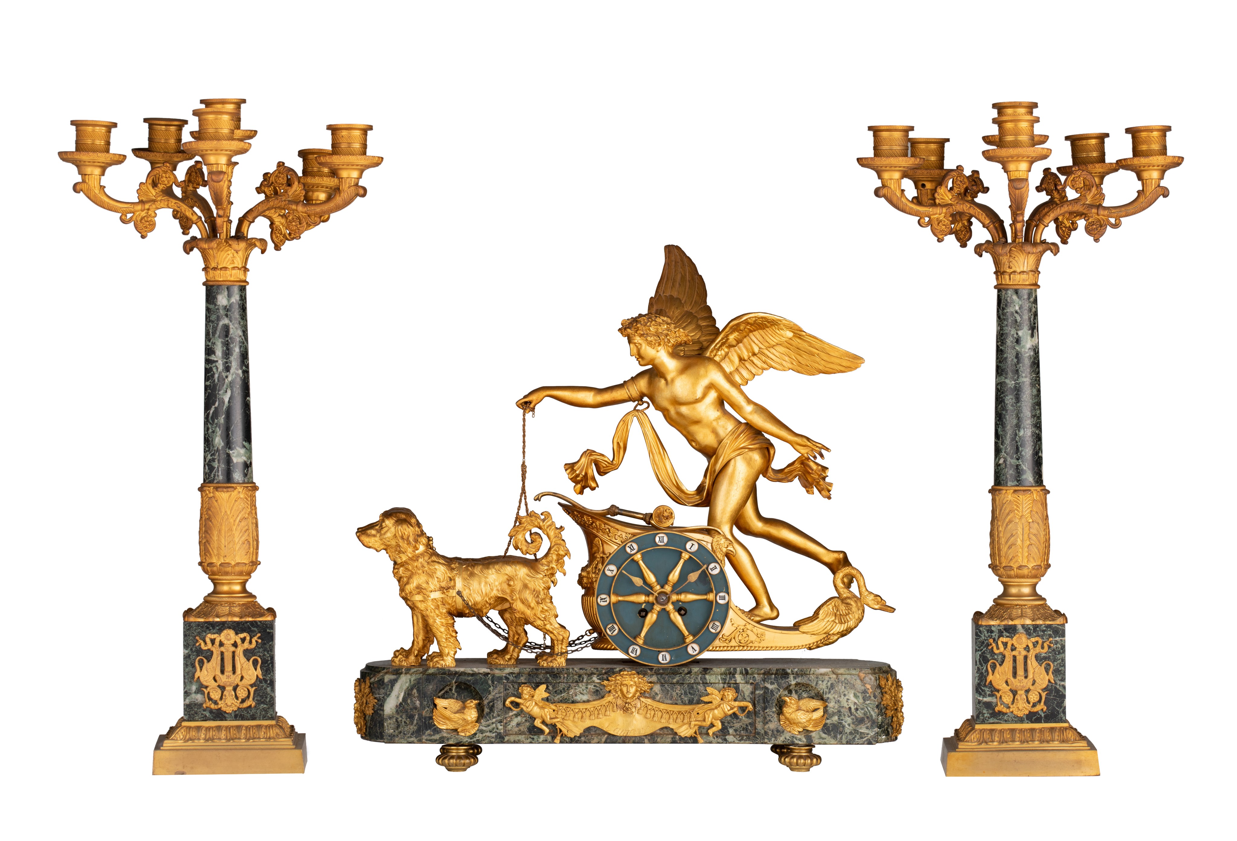 An Empire style three-piece mantle set, after a model of Antoine-André Ravrioh, H 51 - 67 cm