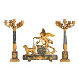 An Empire style three-piece mantle set, after a model of Antoine-André Ravrioh, H 51 - 67 cm