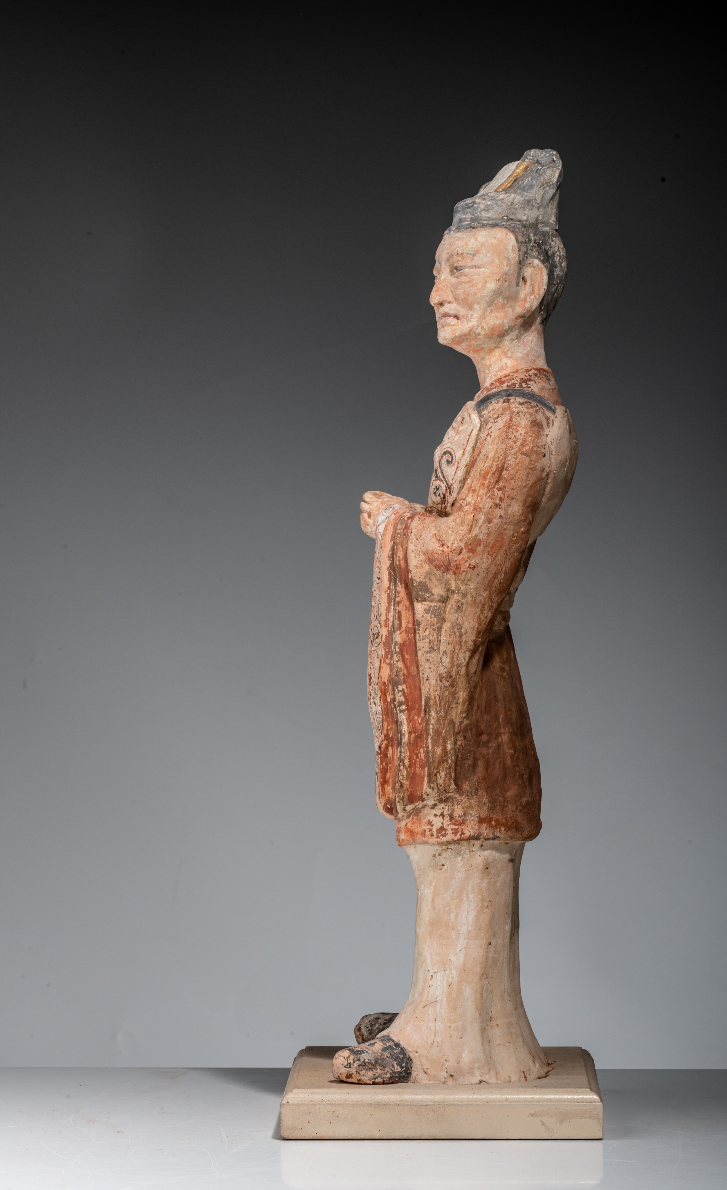 A series of two large Chinese painted pottery figures of officials, Tang dynasty, Total H 64,5 cm - Image 14 of 17