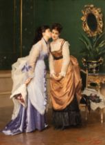 Gustave De Jonghe (1829-1893), two elegant sisters in a luxurious interior, oil on panel, 54 x 74 cm