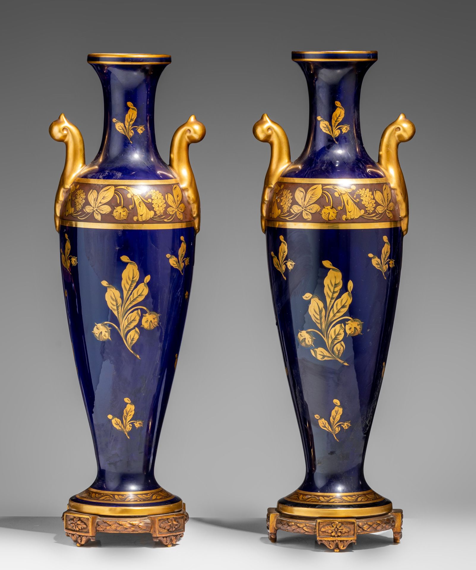 A pair of blue Royal ground and gilt decorated oblong Sevres-type vases, H 49,5 cm - Image 4 of 7