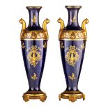 A pair of blue Royal ground and gilt decorated oblong Sevres-type vases, H 49,5 cm