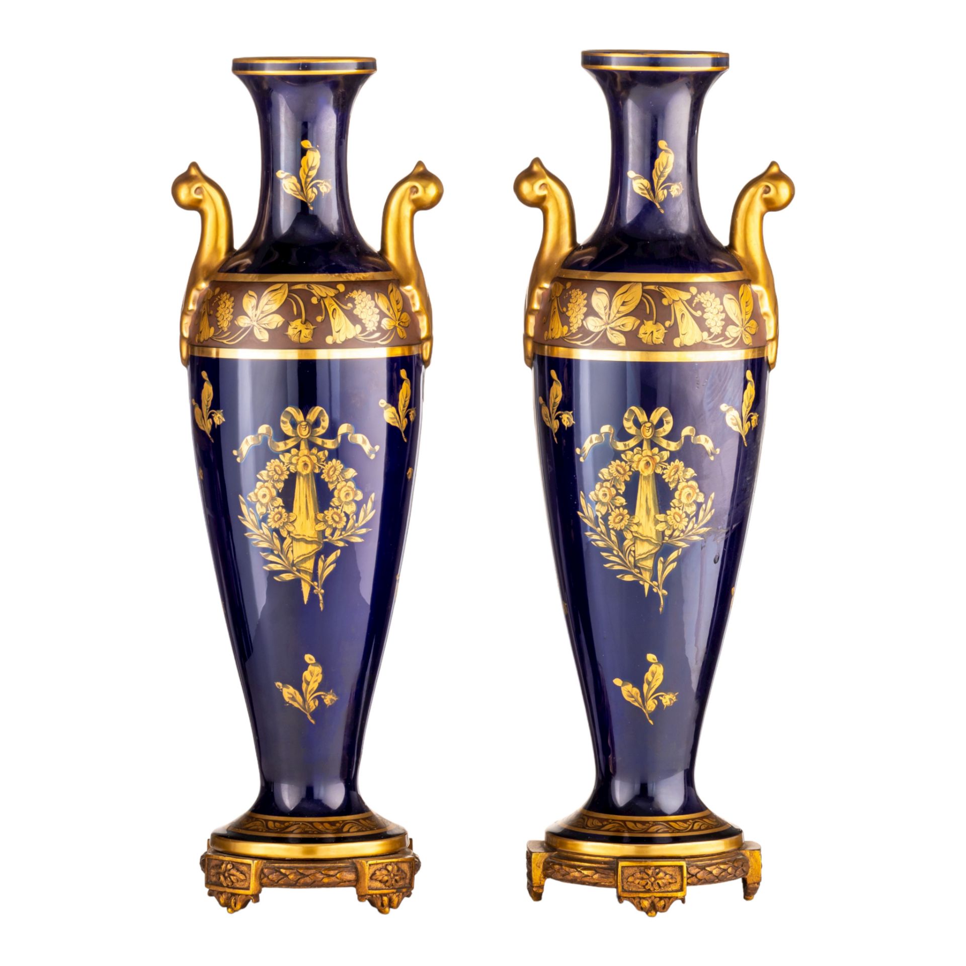 A pair of blue Royal ground and gilt decorated oblong Sevres-type vases, H 49,5 cm