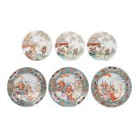 Two series of three finely decorated Japanese Imari 'Samurai' plates, Meiji period, ø 18 - 24,5 cm