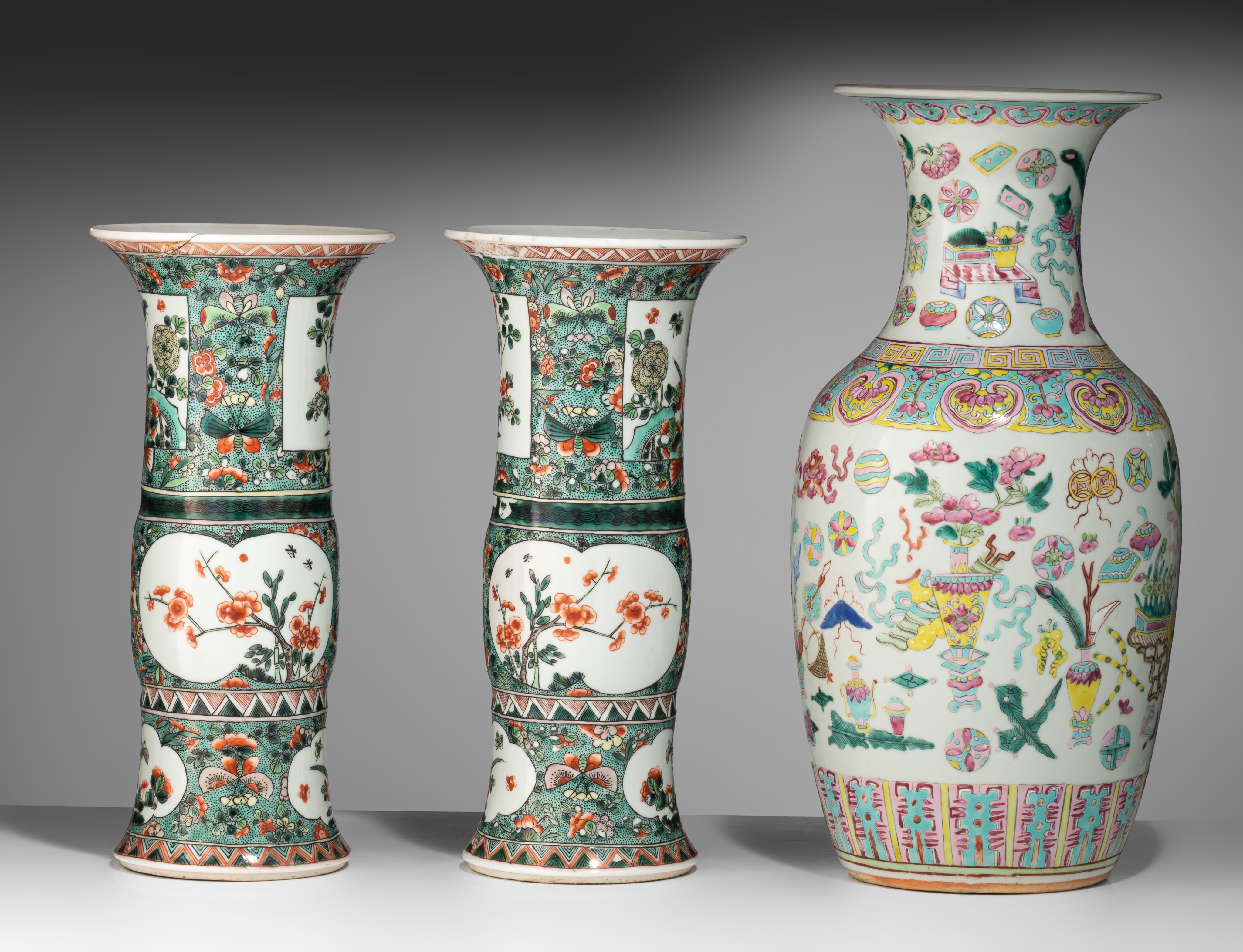 A pair of Chinese famille verte Gu vases, 19thC, H 36 cm - and a famille rose 'One Hundred Antiquiti - Image 3 of 7