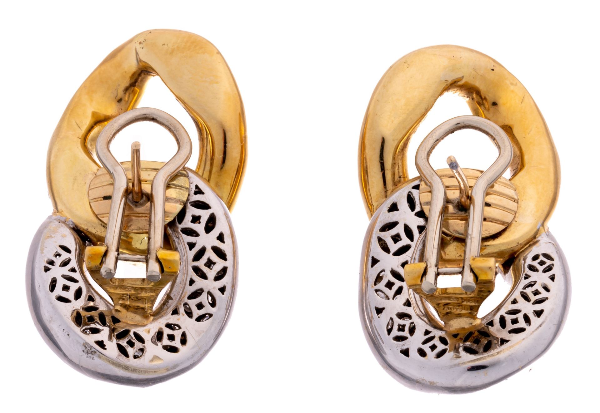 A pair of yellow and white 18ct gold earrings, set with brilliant-cut diamonds, H 4 cm - Image 2 of 4