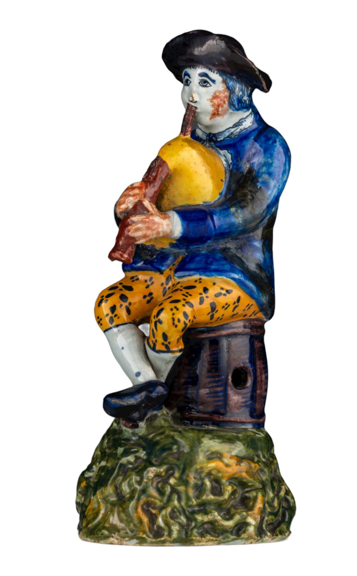 An 18thC Dutch Delft polychrome decorated figurine of a bagpiper, H 21 cm - Bild 2 aus 10