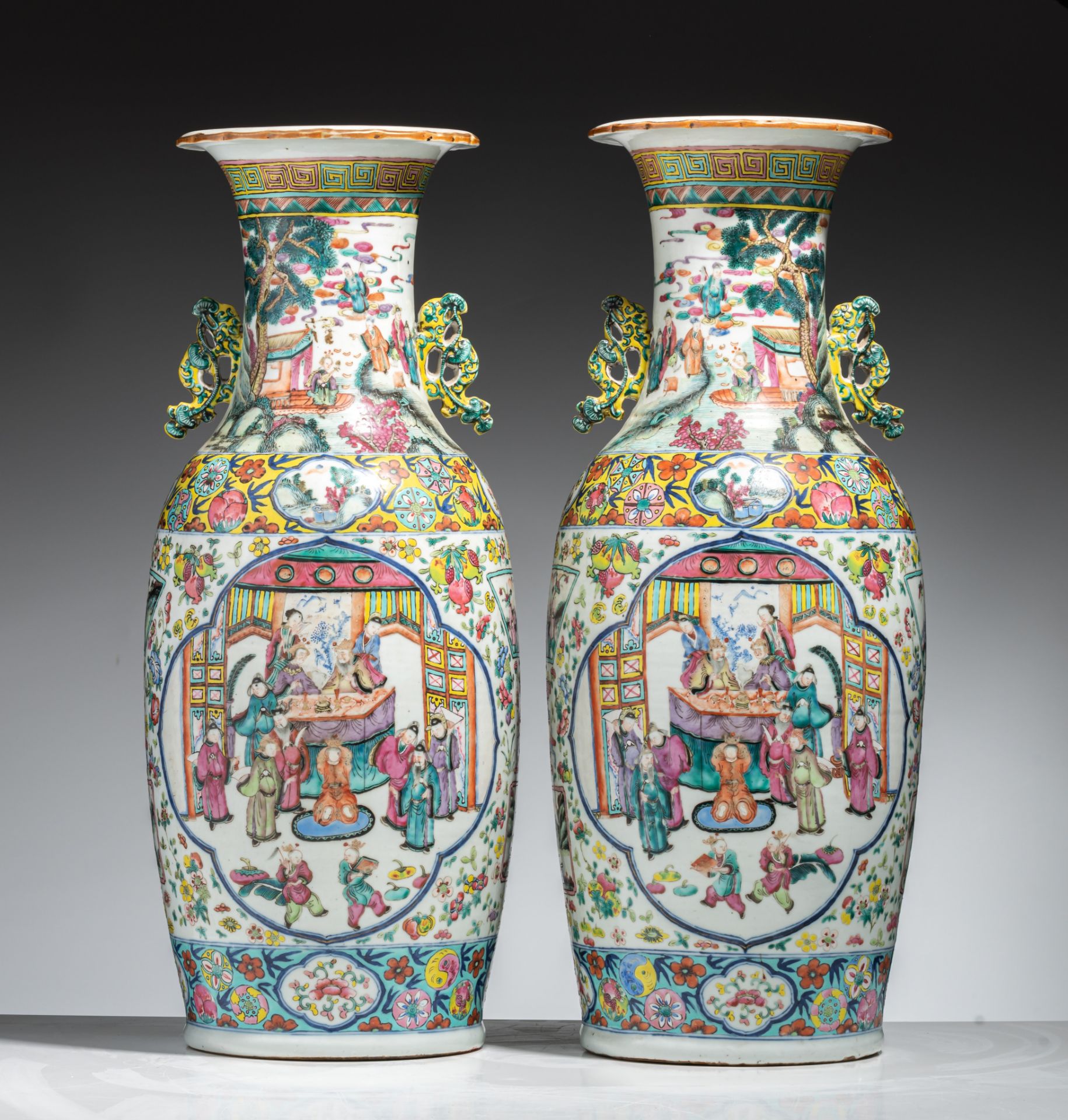 A pair of Chinese famille rose 'Court scene' vases, paired with lingzhi handles, 19thC, H 61 cm - Image 4 of 7
