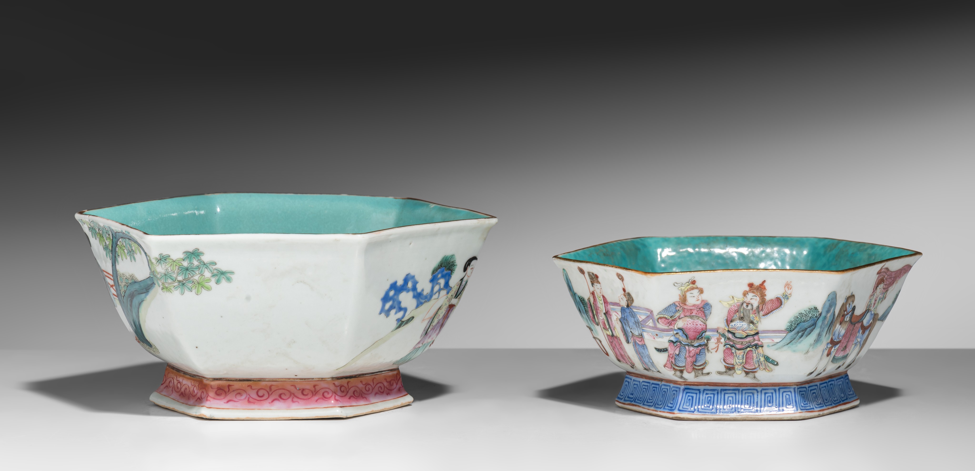 Two Chinese famille rose 'Figural' hexagonal footed bowls, the inside turquoise glazed, both marked - Image 4 of 9