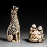 Two Japanese ivory netsuke, H 10,8 cm, 99 g - H 15,2 cm, 100 g (+)