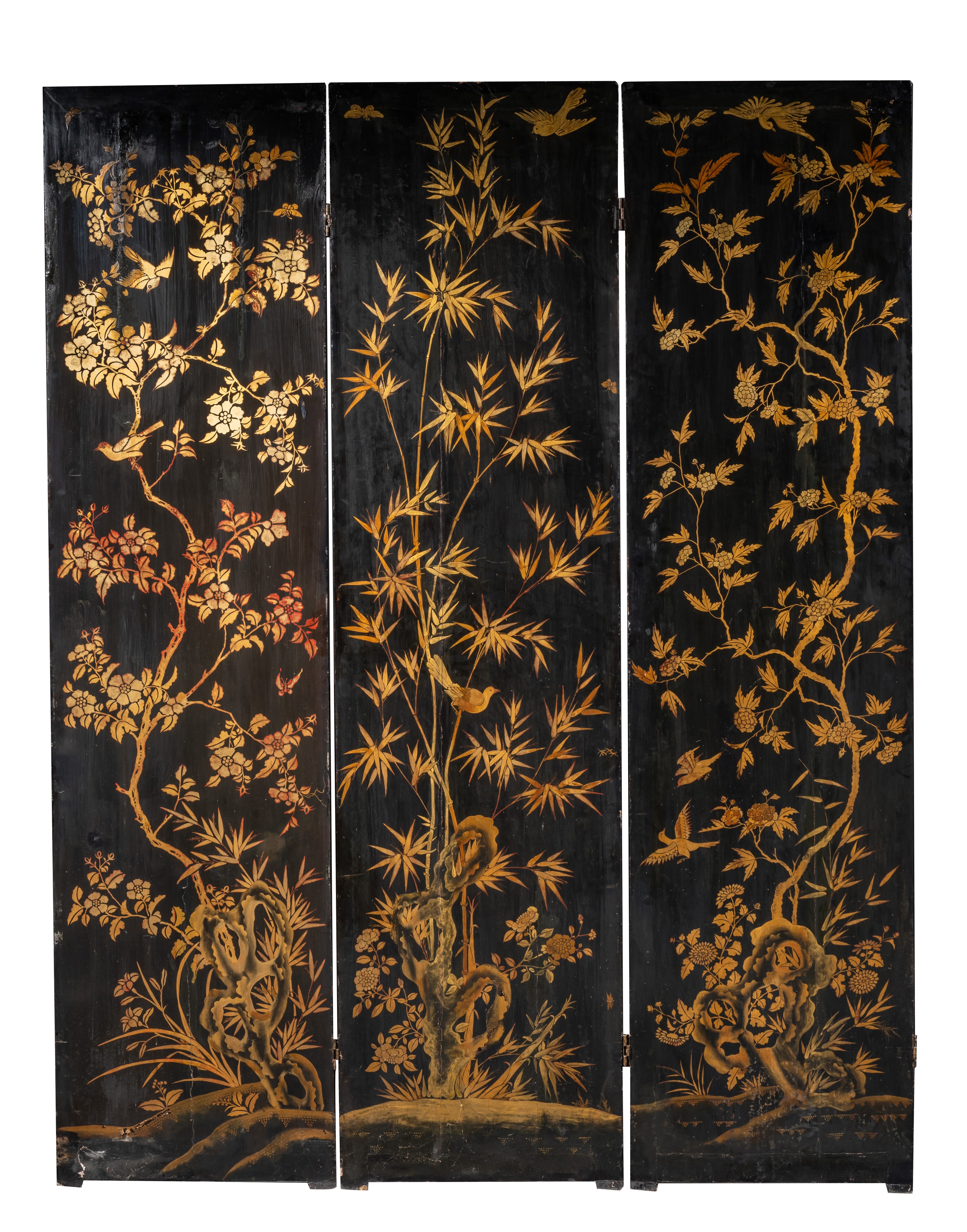 A Chinese export eight-panel gilt and black lacquer screen, late Qing dynasty, late 18thC/early 19th - Image 7 of 9