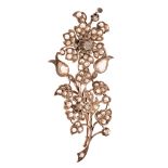 A floral-shaped silver and gold brooch, set with rose cut diamonds, H 8,6 cm - 24 g