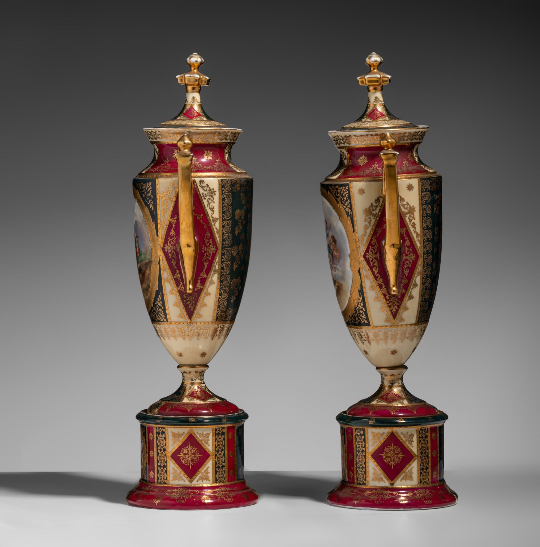 A fine pair of Vienna porcelain oblong vases with mythological scenes, marked, H 42,5 cm - Image 3 of 13