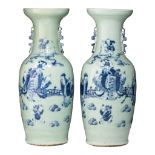 A pair of Chinese blue and white on celadon ground 'Immortals' vases, 19thC, H 58 cm