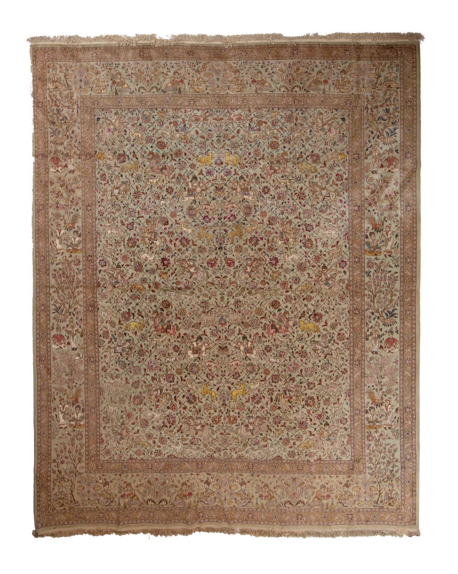 A large Oriental carpet decorated with hunting scenes to the field, 303 x 385 cm