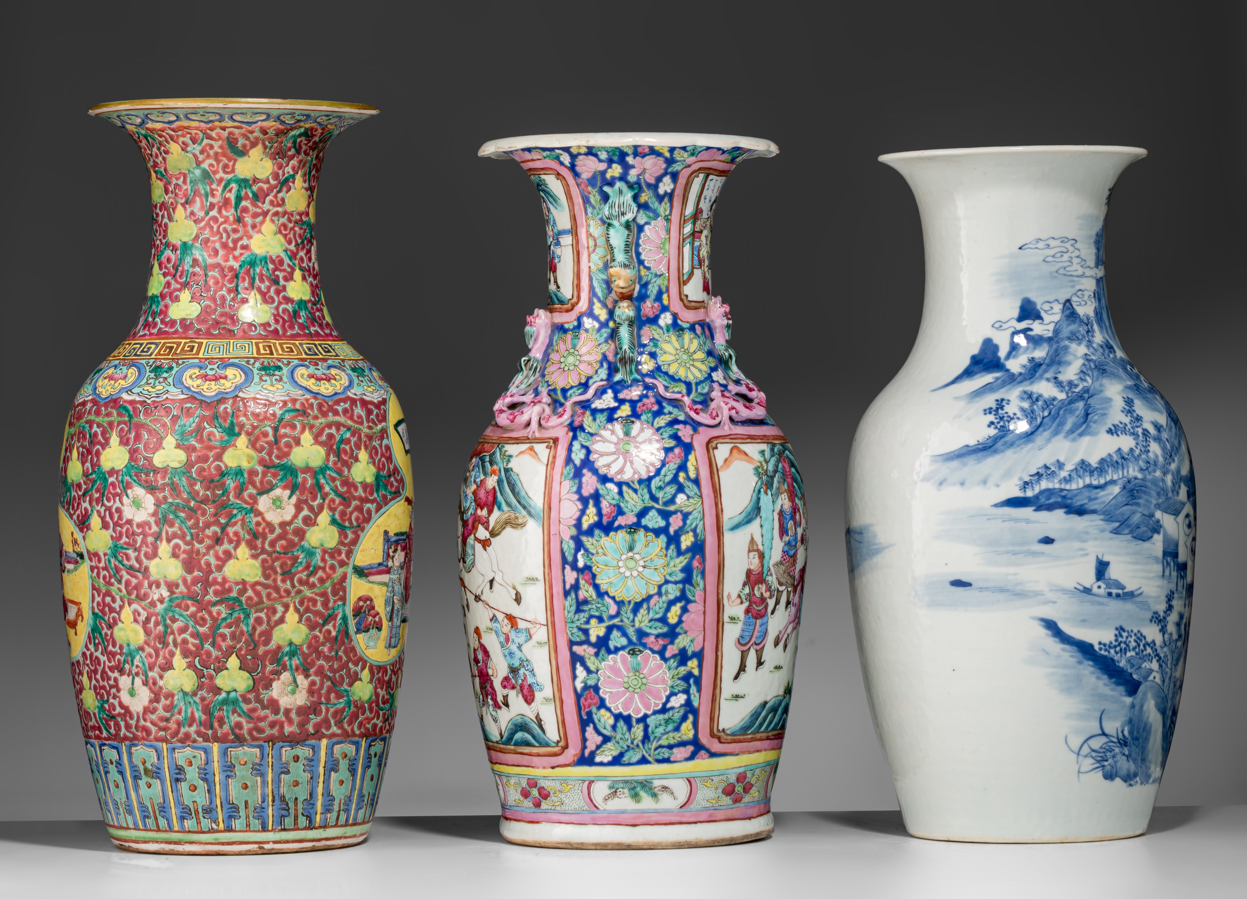 A Chinese blue and white vase and two famille rose vases, 19thC, tallest H 46 cm - Image 5 of 7