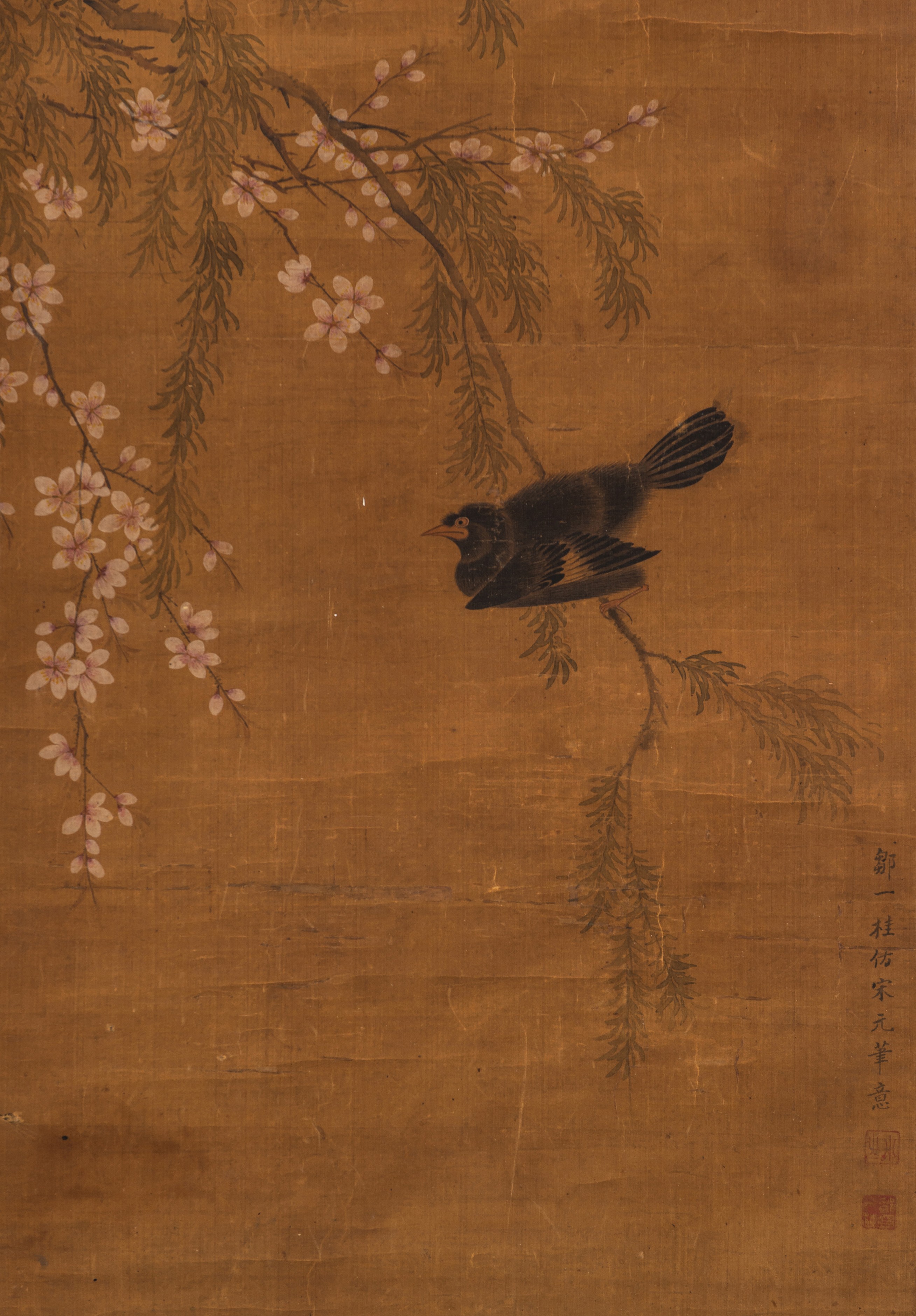 A Chinese scroll painting of a swallow on a prunus, ink and watercolour on silk, Zou Yigui, Qing