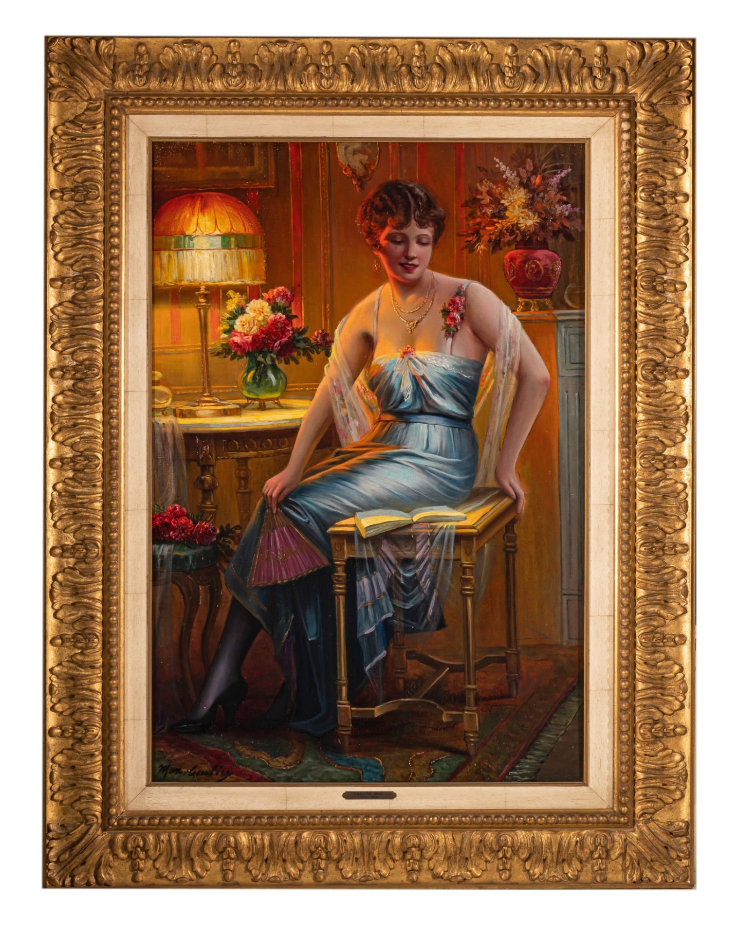Max Carlier (1872-1938), elegant lady in an interior, oil on canvas, 54 x 81 cm - Bild 2 aus 6