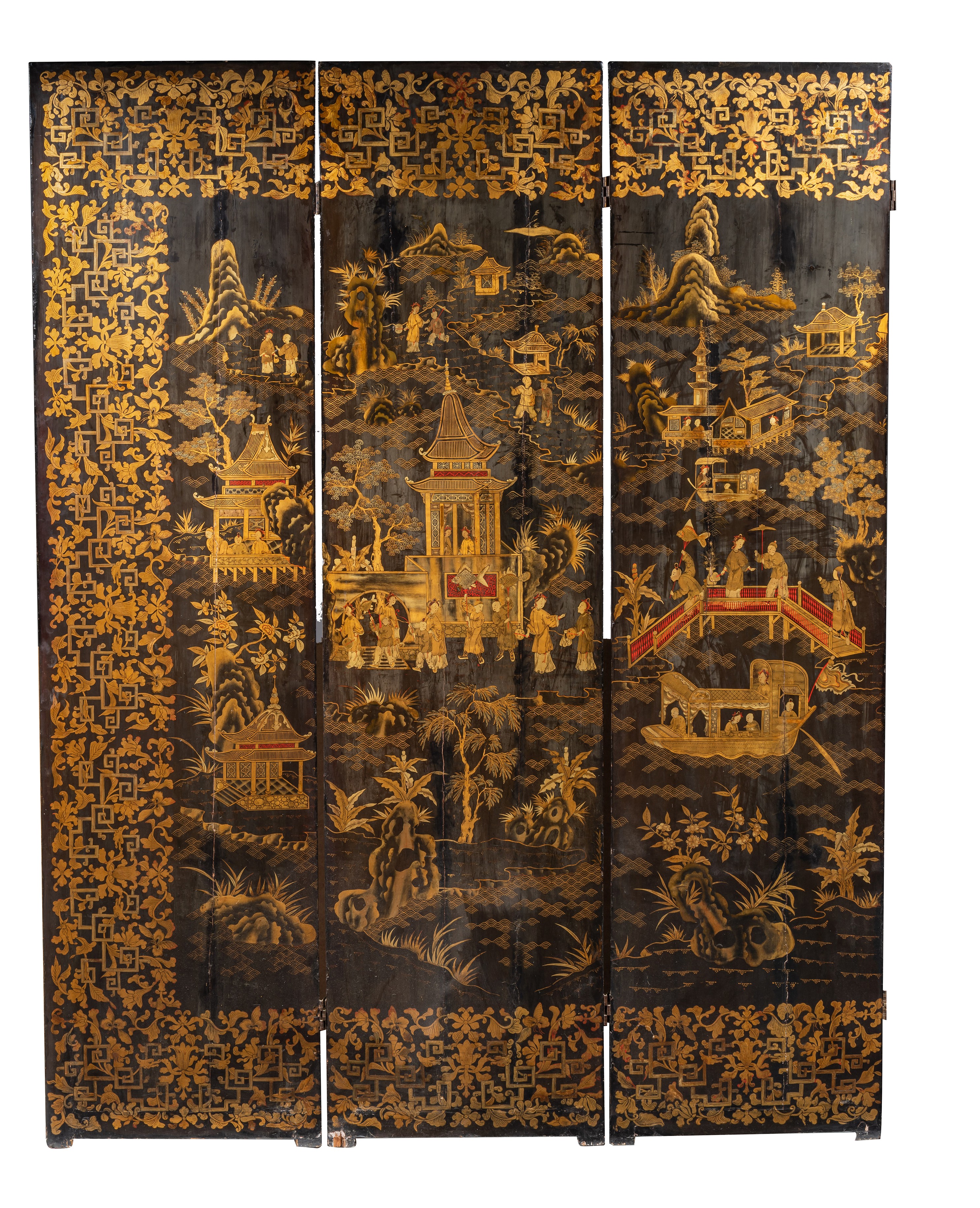 A Chinese export eight-panel gilt and black lacquer screen, late Qing dynasty, late 18thC/early 19th - Image 5 of 9