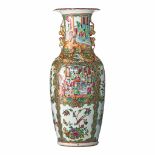 A Chinese Canton famille rose vase, paired with lion handles, 19thC, H 58 cm