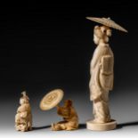Three Japanese Meiji period ivory okimono, H 7,7 - 8,2 - 23,6 cm / 52 - 83 - 432 g (+)