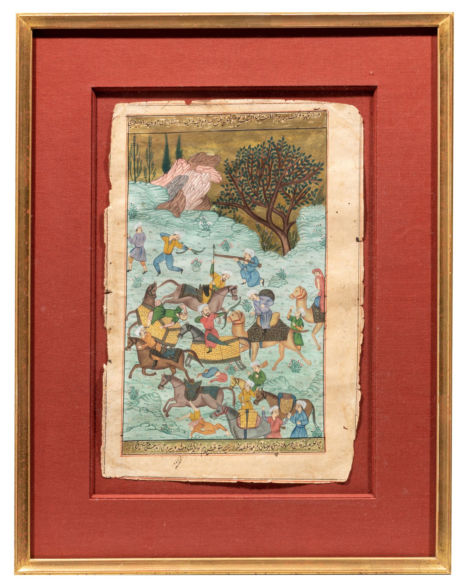 Two fine Persian gouache drawings depicting battle and hunting scenes, 18th/19thC, 32,5 x 21,5 - 27, - Bild 2 aus 13