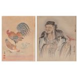 A Japanese watercolour and a print with a cockerel, framed 25 x 29 cm / 25 x 31 cm