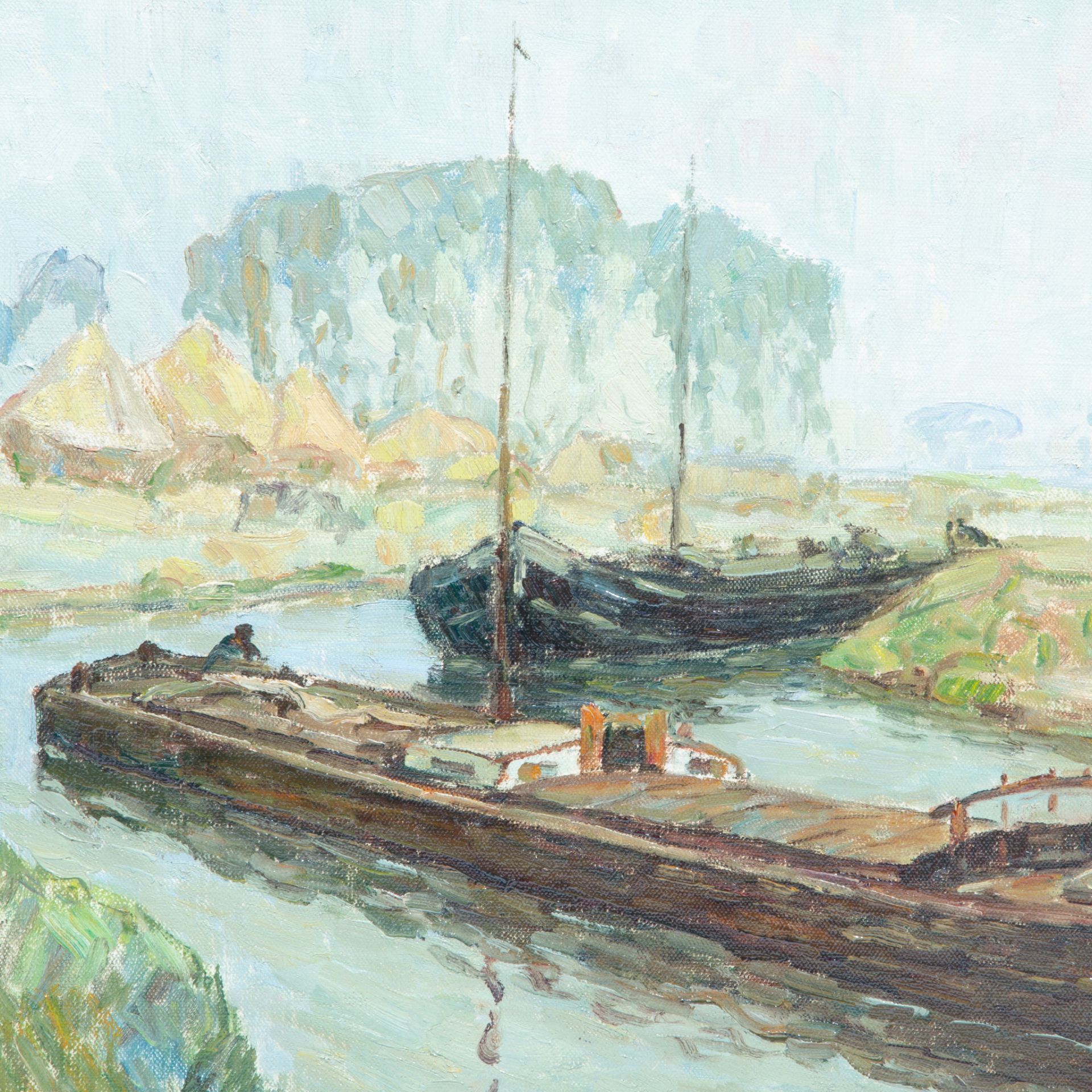 Modest Huys (1874/75-1932), barques on the Lys, oil on canvas 50 x 60 cm. (19.6 x 23.6 in.), Frame: - Image 6 of 6